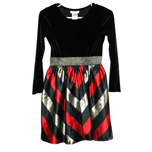 Bonnie Jean Girl's Dress Size 12 Black Velvet Gold Red Satin Stripe Gold Glitter - Picture 1 of 2